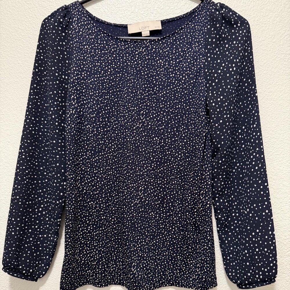 Loft petite navy and tan dotted pullover blouse, sheer long sleeves, XXSP